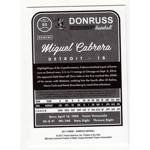 Miguel Cabrera 2017 Donruss card 93 –Tigers
