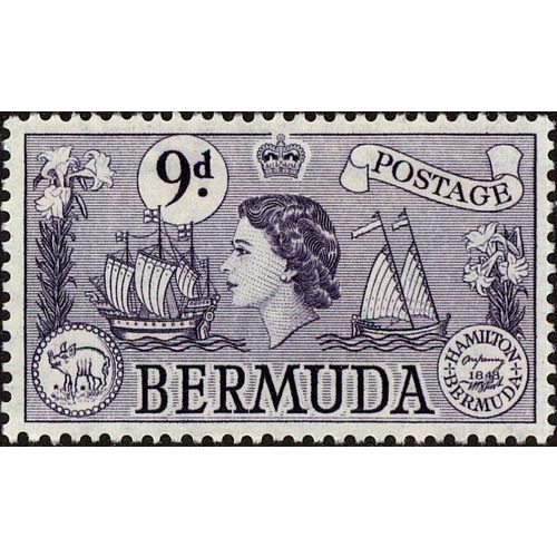 Bermuda QEII 1958 9d Violet Mounted Mint MM SG 143b Sc 154 Galleon Coin stamp