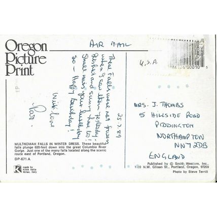 MULTNOMAH FALLS IN WINTER DRESS - OREGON - POSTCARD ~
