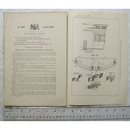 1901 Patent No. 667 buffers for street cars, Peter Madsen Kling, Elizabeth, NJ