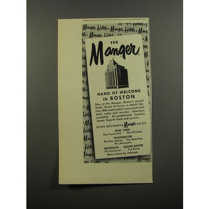 1953 The Manger Hotel Ad - Hand of welcome in Boston