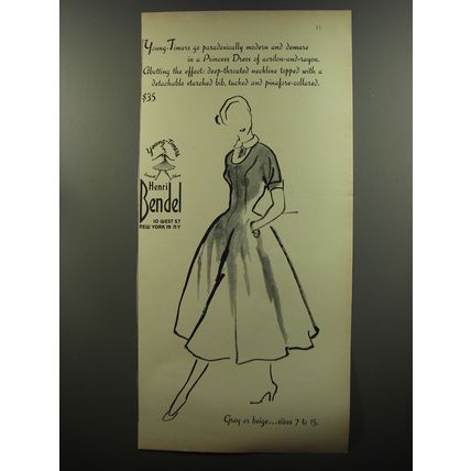 1953 Henri Bendel Dress Ad - Young-timers go paradoxically modern and demure