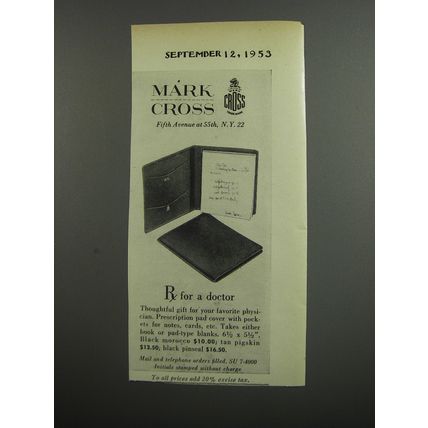 1953 Mark Cross Prescription Pad Cover Advertisement - Rx for a doctor