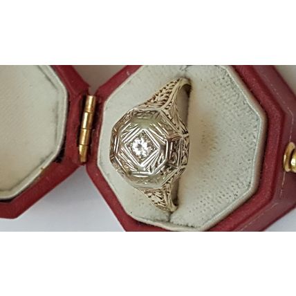 Antique Art Deco 2-Tone 14k Gold Filigree Diamond Ring,early 1900s