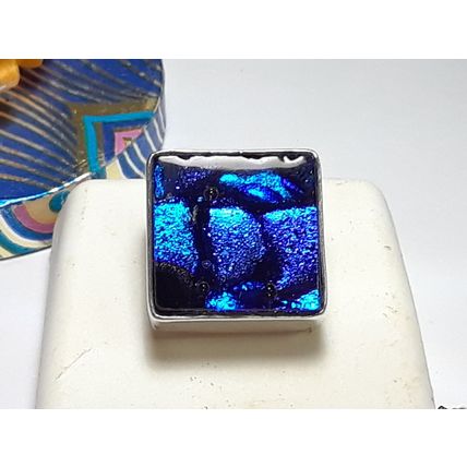 Estate Square Modernist Dichronic Blue Glass Sterling Silver Slide/Pendant#19138