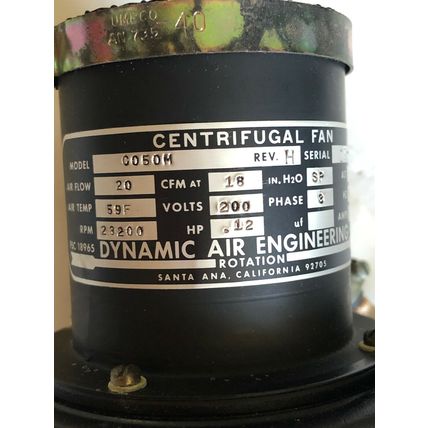 NEW DYNAMIC AIR M16143ALC AIRCRAFT CENTRIFUGAL FAN G050M,20 CFM,200 VAC,C050M,DL