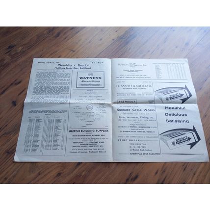 1959/60 Wembley vs Hendon - Middlesex Senior Cup 2nd Rnd, 5/3/1960 *FREE P&P*