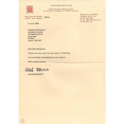 David Blunkett MP House Of Commons Letter Hand Signed Autograph
