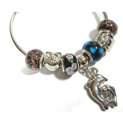 Silver Bracelet Bangle - Dolphin Owl Cat Charm Black Orange Green Blue Beads