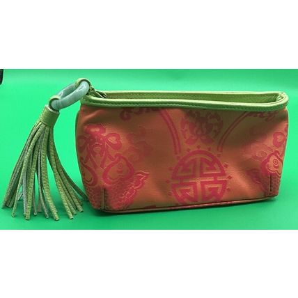Auth Shanghai Tang Purple Pink Light Green Jacquard Makeup Cosmetic Zip Case