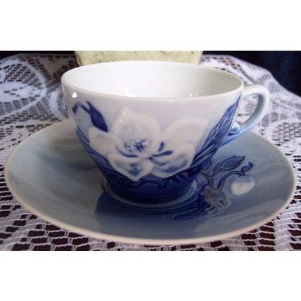 Bing Grondahl Christmas Rose 102 Teacup & Saucer Delft Blue Colors Embossed Rose