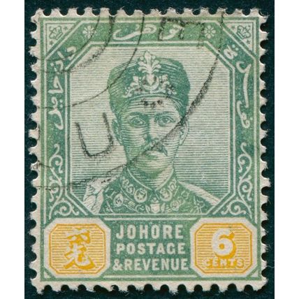 Johore 1896 6c green & yellow SG45 used
