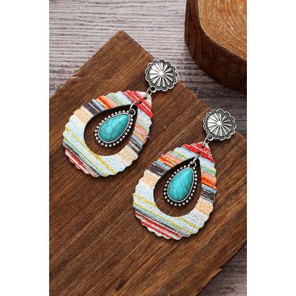 Red Hollowed Waterdrop Shape Leather Turquoise Earrings