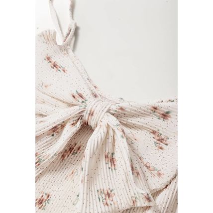White Floral Pleated Big Bow Back Spaghetti Straps Tank Top