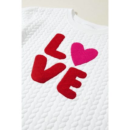White LOVE Chenille Embroidered Cable Knit Pullover Sweatshirt