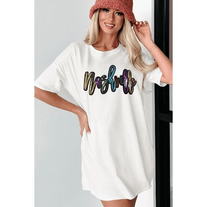 White Colorful Sequin nashville Letter Graphic Tunic Tee