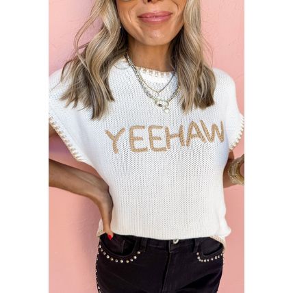 White Knitted YEEHAW Stitch Edge Crew Neck Sweater T Shirt