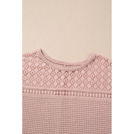Light Pink Lace Patchwork Waffle Short Sleeve Top
