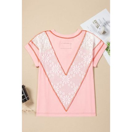 Light Pink Lace Patchwork Exposed Seam V Neck T Shirt