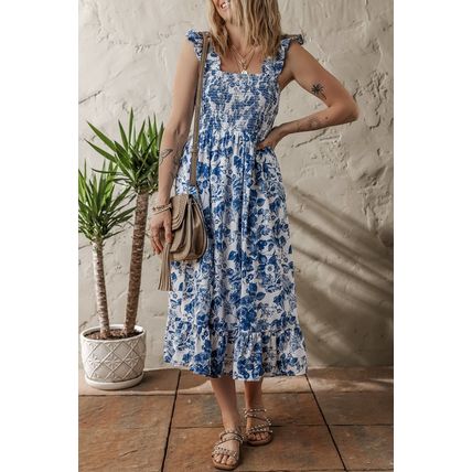 Blue Floral Ruffle Strap Square Neck Smocked Bodice Midi Dress