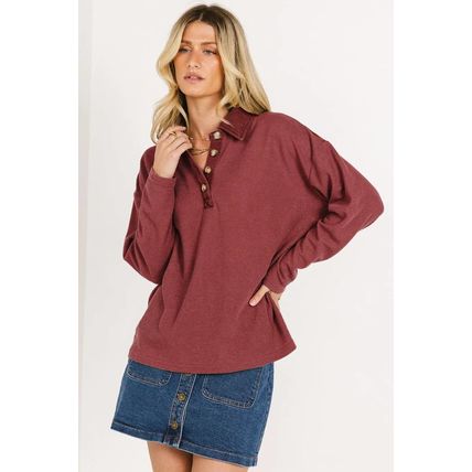 Red Dahlia Solid Color Long Sleeve Thermal Knit Polo Collar Patchwork Top