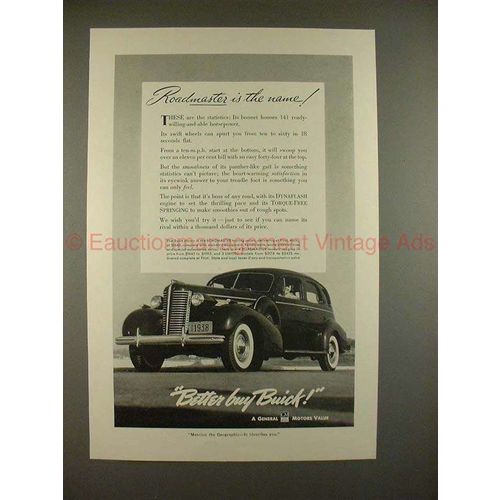 1938 Buick Roadmaster Touring Sedan Car Ad - NICE!
