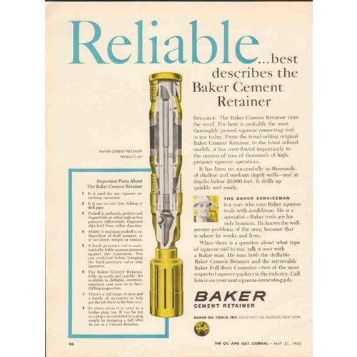 BAKER OIL TOOLS 1962 Reliable describes cement retainer vintage ad