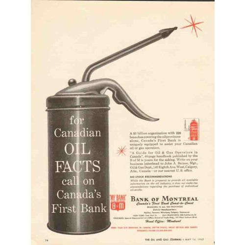 BANK OF MONTREAL 1962 Canadian oil facts 320 branches oiler vintage ad