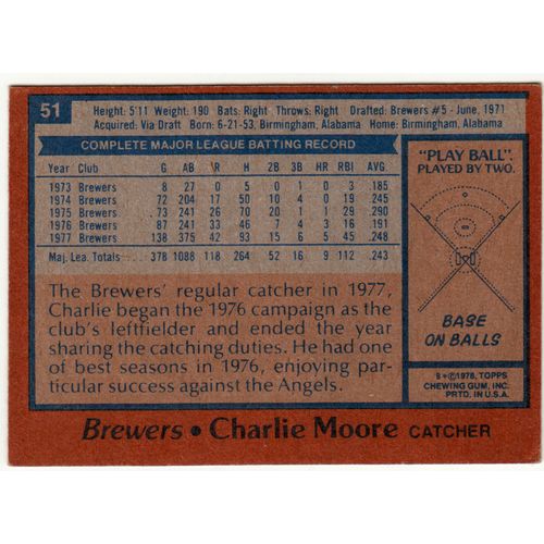 1978 Topps baseball card 51 Charlie Moore - Brewers