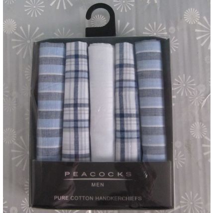 Boxed 100% cotton Mens Hankies Handkerchiefs 5Pk Gift set Blue/white mixed