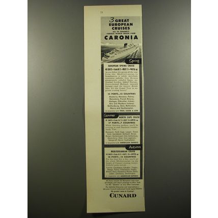 1954 Cunard Cruise Ad - 3 great European Cruises