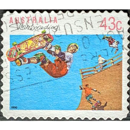 STAMP AUSTRALIA SG1260 1990 43c Sports Skateboarding die cut Used