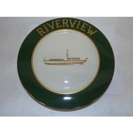 Rare Vintage 1940's Buffalo China Decorative Riverview Green Gold Plate Boat