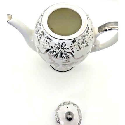 Vintage Tea Pot K-600 White Porcelain 25th Anniversary Floral Silver Trim Japan