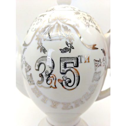 Vintage Tea Pot K-600 White Porcelain 25th Anniversary Floral Silver Trim Japan