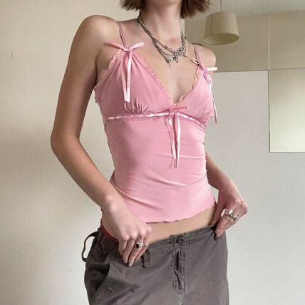 Ribbons Bow Patchwork Lace Crop Top Pink Coquette Aesthetic Slim-fit V-neck