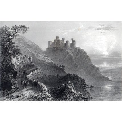 HARLECH CASTLE 1841 James Charles Armytage - H. Wallis ANTIQUE ENGRAVING