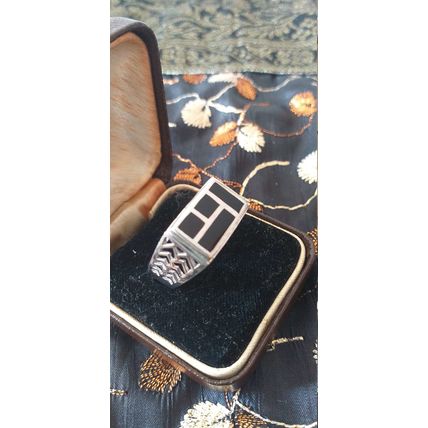Antique Vintage 1960-s Sterling Silver Onyx Signet Ring UK R 1/2 , US 9 3/4
