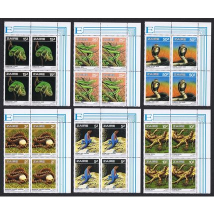Zaire Reptiles 6v Corner Blocks of 4 1987 MNH SG#1273-1278 MI#939-944
