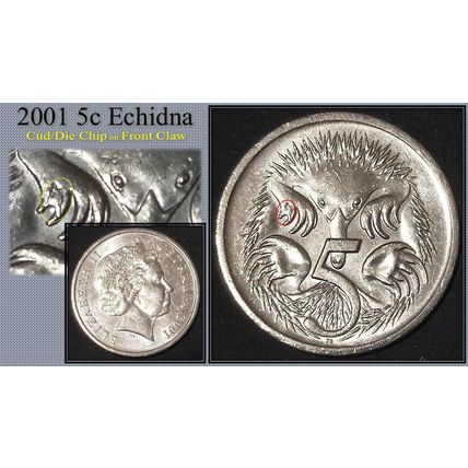 Australia 2001 5c Echidna ~ Die Chip/Cud on Front Claw - Circulated [1bb]