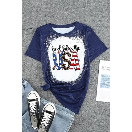 Blue God Bless the USA Print Bleach Short Sleeve T-Shirt