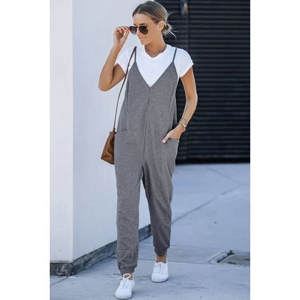 Gray Textured Sleeveless V-Neck Pocketed Casual Jumpsuit