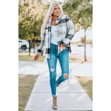 Gray Plaid Color Block Buttoned Long Sleeve Jacket with Pocket