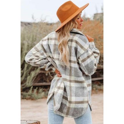 Brown Plaid Print Pocket Women Shacket