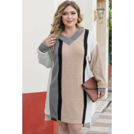 Apricot Mixed Boucl Color Block Plus Size Sweater Dress