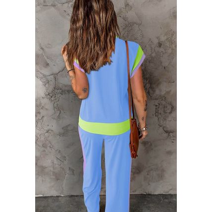 Sky Blue Color Block Detail Casual Two-piece Outfit
