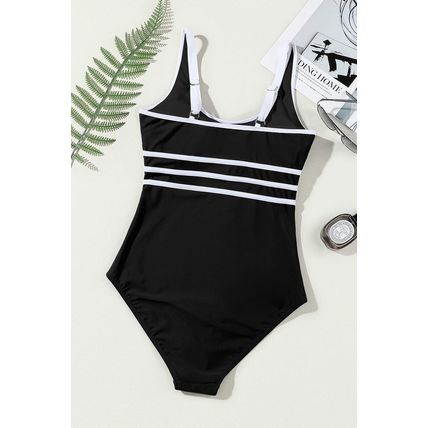 Black Contrast Trim Colorblock U Neck One Piece Swimwear