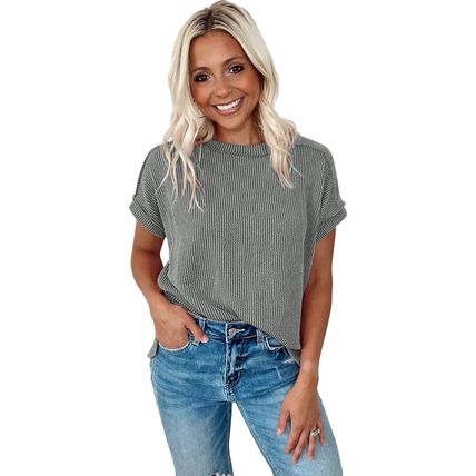Medium Grey Textured Knit Exposed Stitching T-shirt