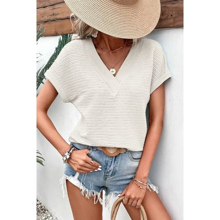 Pale Khaki Textured Wide Sleeve V Neck T Shirt
