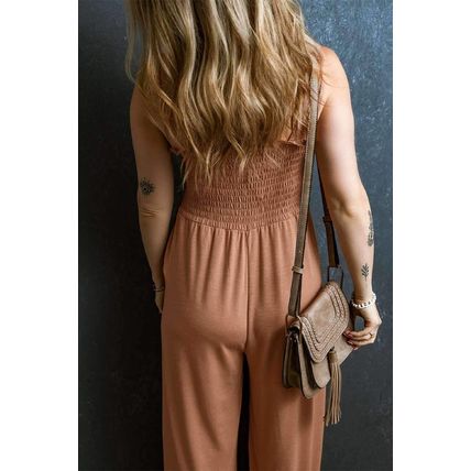 Dusty Pink Ruffled Shirred Wide Leg Sleeveless Jumpsuit
